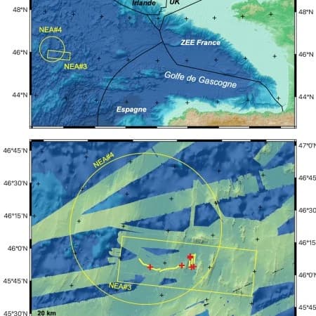 Localisation des zones d’immersion de fûts radioactifs (NEA#3 et #4) dans la plaine abyssale de l’Atlantique Nord-Est, en eaux internationales. © Projet NODSSUM (2025)